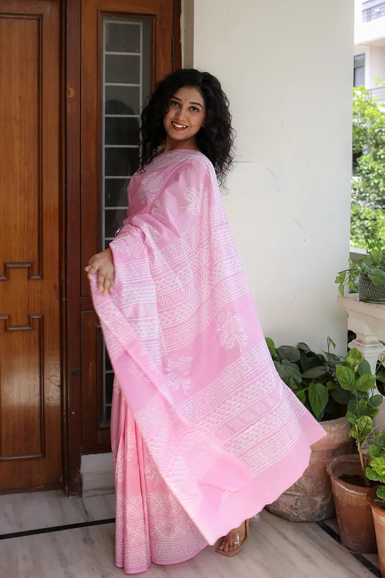 Pink Peony - Hand Block Print Mulmul Cotton Bagru Saree