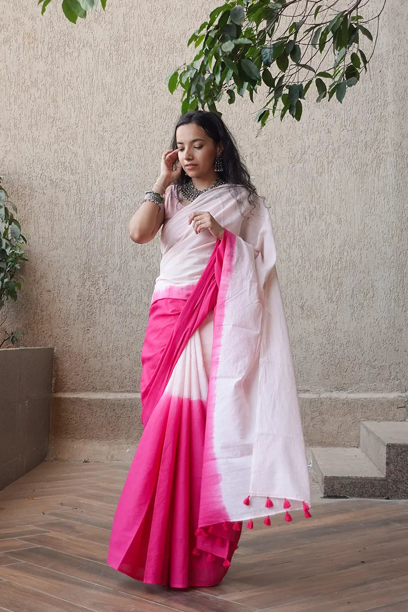 Blush Gradient - Pink Ombre Hand Dyed Mulmul Cotton Saree