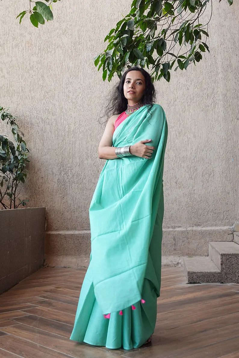 Waking up in Panjim - Sea Green Mulmul Cotton Saree with Tassels