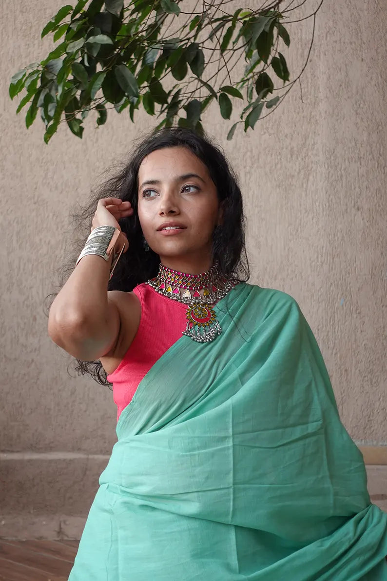Waking up in Panjim - Sea Green Mulmul Cotton Saree with Tassels