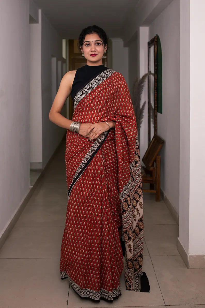 Ruby Red - Hand Block Print Mulmul Cotton Bagru Saree