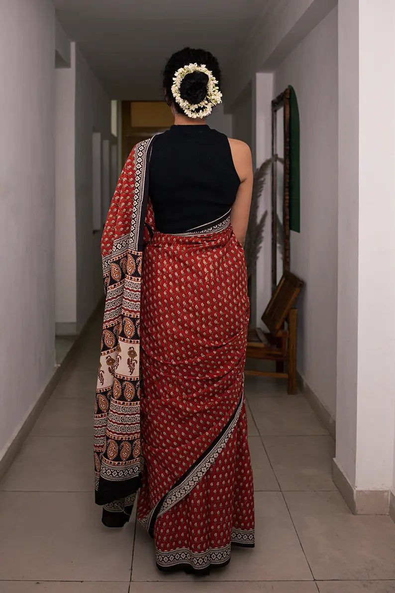 Ruby Red - Hand Block Print Mulmul Cotton Bagru Saree