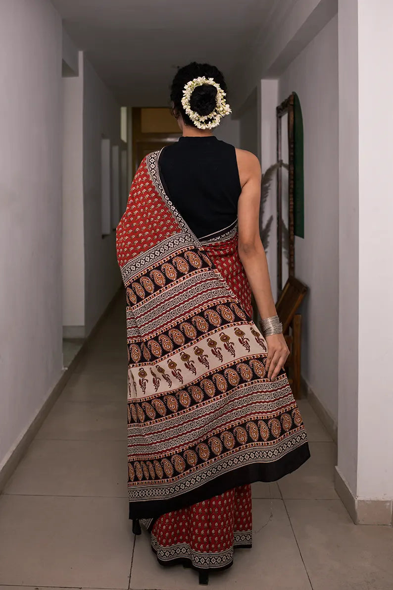 Ruby Red - Hand Block Print Mulmul Cotton Bagru Saree