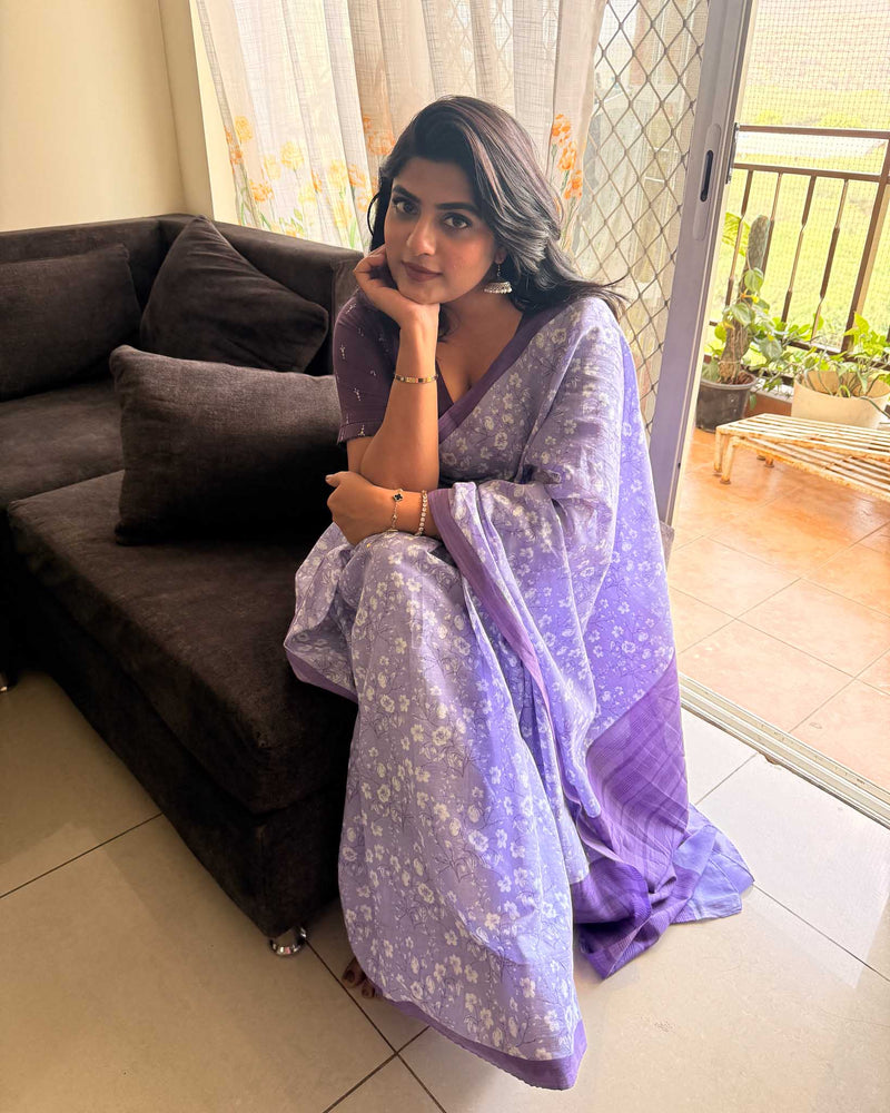 Lilac Skies Hand Block Print Mulmul Cotton Saree
