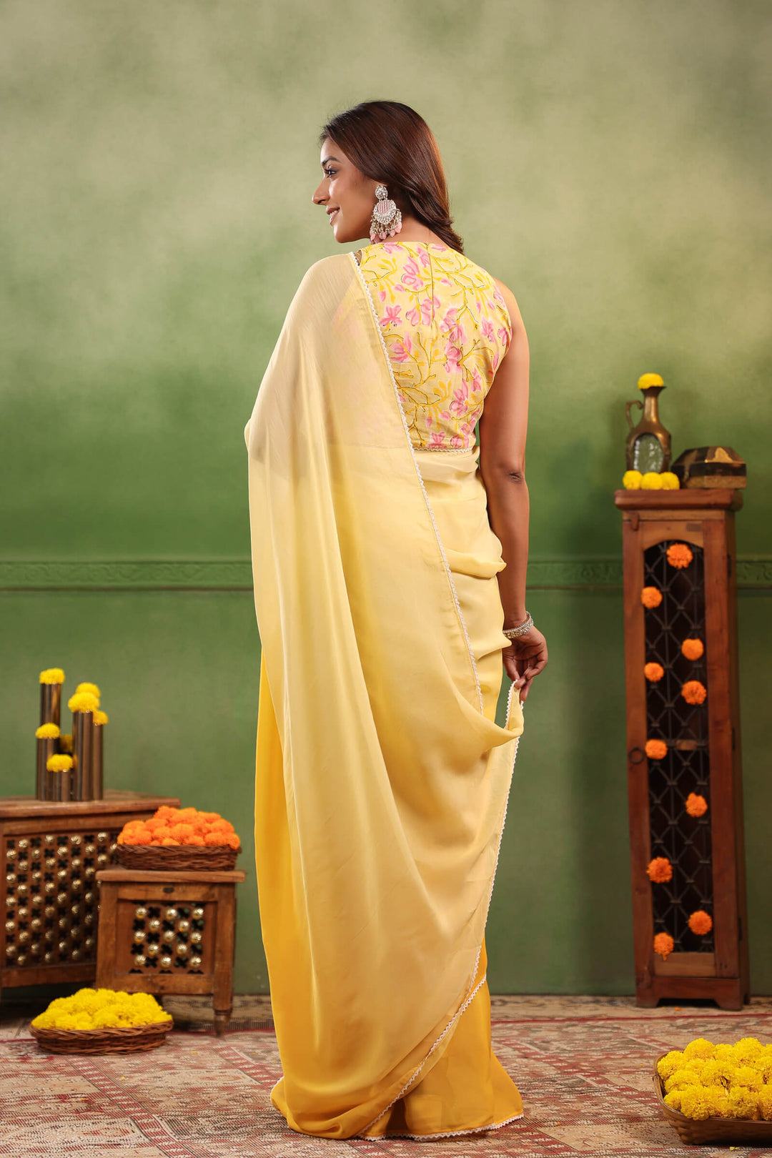 Shades of Yellow Ombre Organza Saree with Printed Blouse Fabric