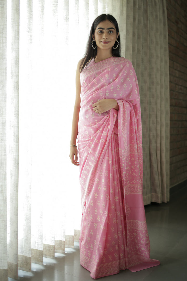 Soft Pink Hand Block Print Mulmul Cotton Saree