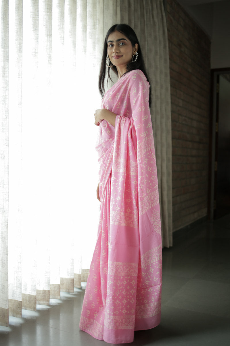Soft Pink Hand Block Print Mulmul Cotton Saree