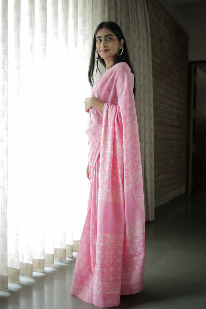 Soft Pink Hand Block Print Mulmul Cotton Saree