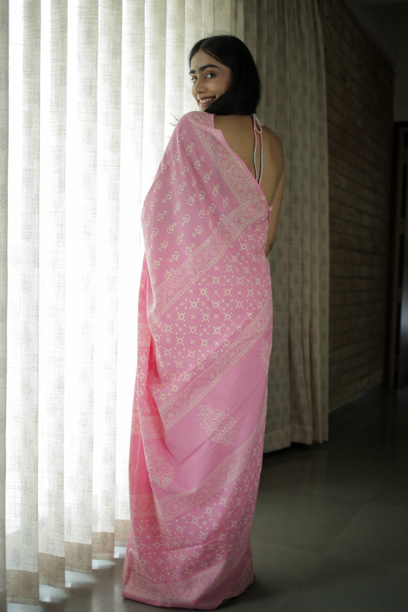 Soft Pink Hand Block Print Mulmul Cotton Saree