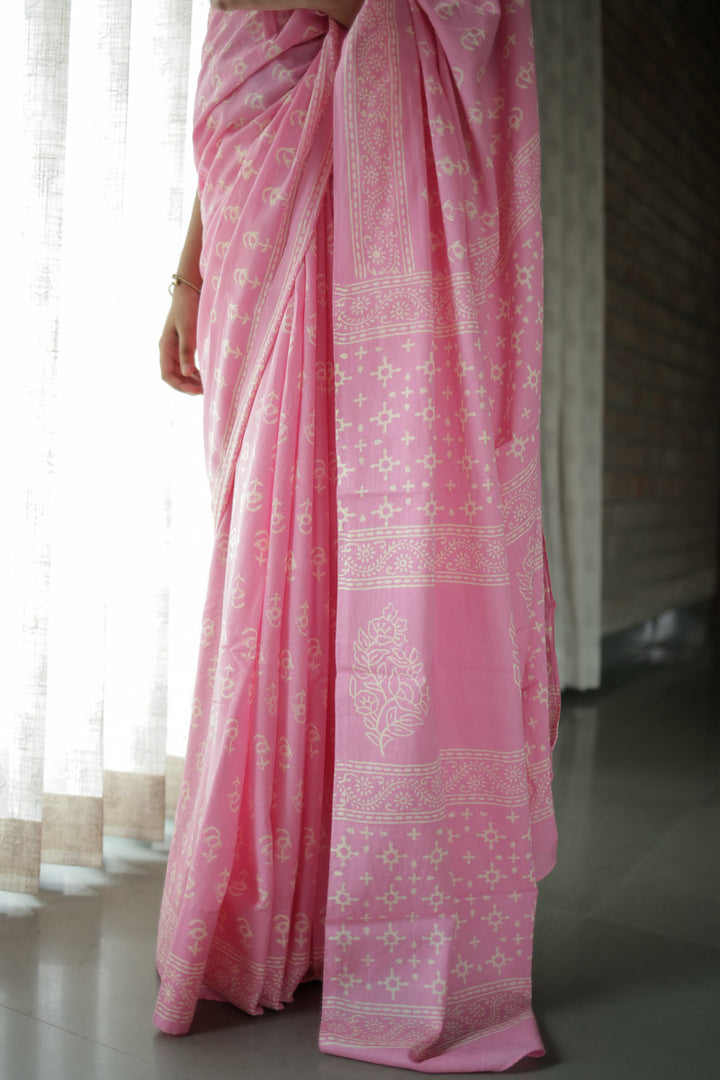 Soft Pink Hand Block Print Mulmul Cotton Saree