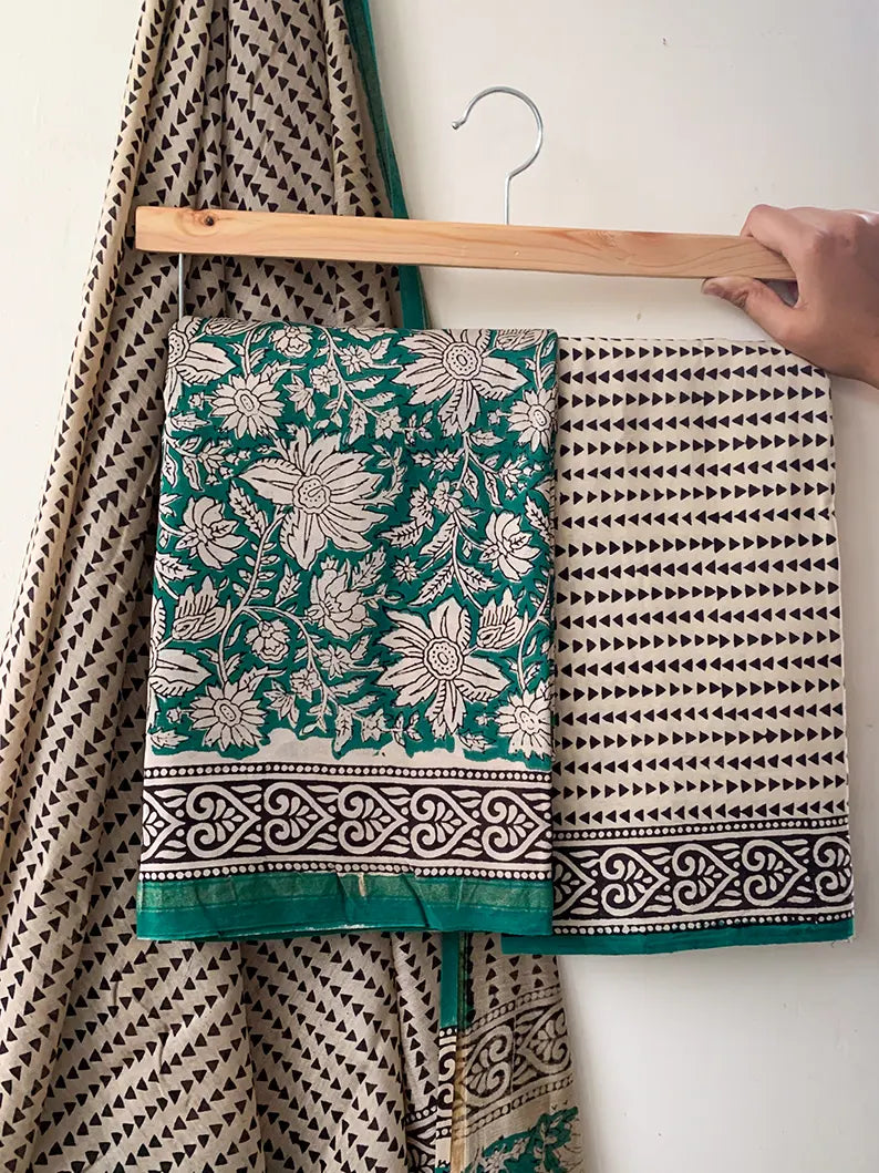 Tropical Green Chanderi Silk Cotton Hand Block Print Unstitched Suit Set Online at Best Price Moora