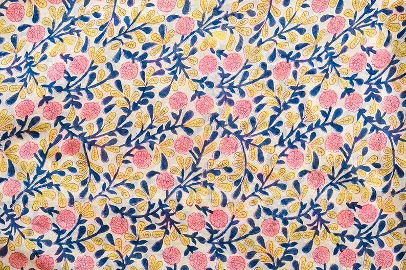 Yellow Bouquet - Maheshwari Silk Cotton Hand Block Print Unstitched Suit Set