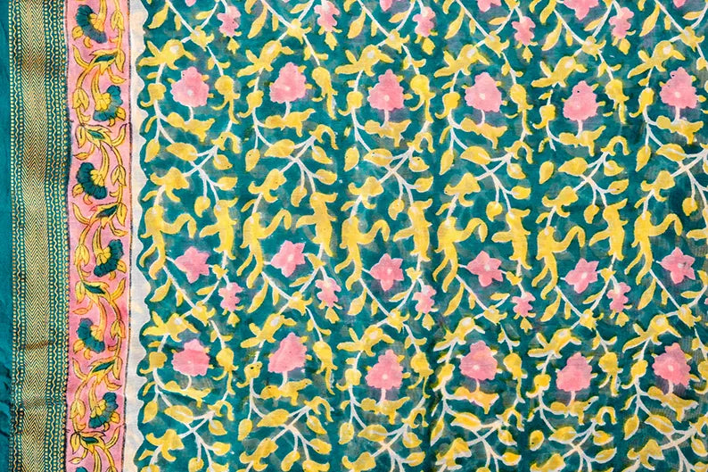 Green Fields - Maheshwari Silk Cotton Hand Block Print Unstitched Suit Set