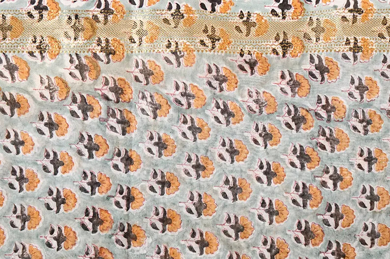 Pearl Grey - Maheshwari Silk Cotton Hand Block Print Unstitched Suit Set