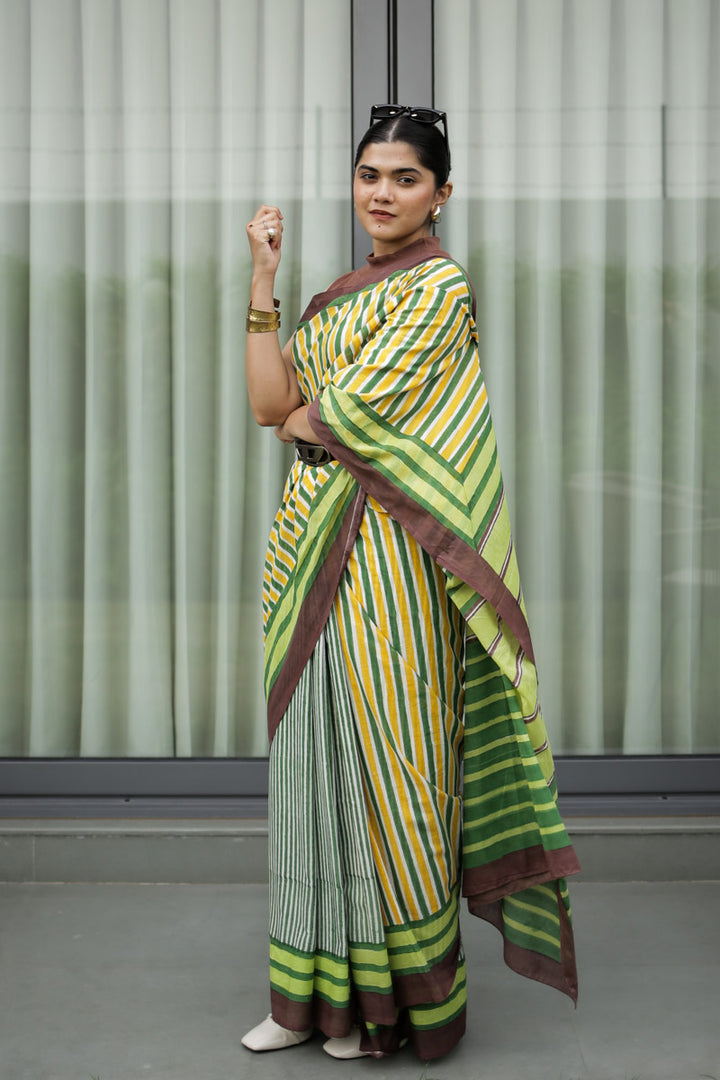 Retro Rani Hand Block Print Mulmul Cotton Pre-stitched Ready to Wear Saree with Pocket