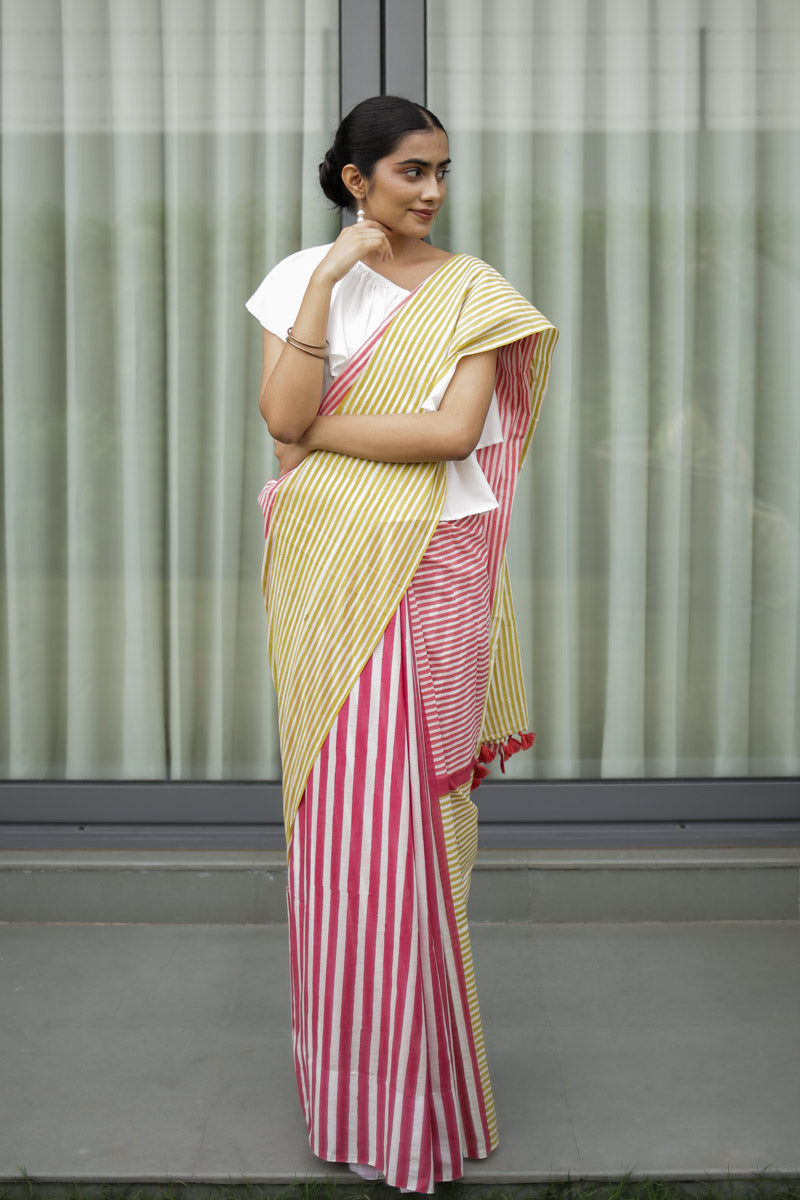 Candy Stripes Hand Block Print Mulmul Cotton Saree
