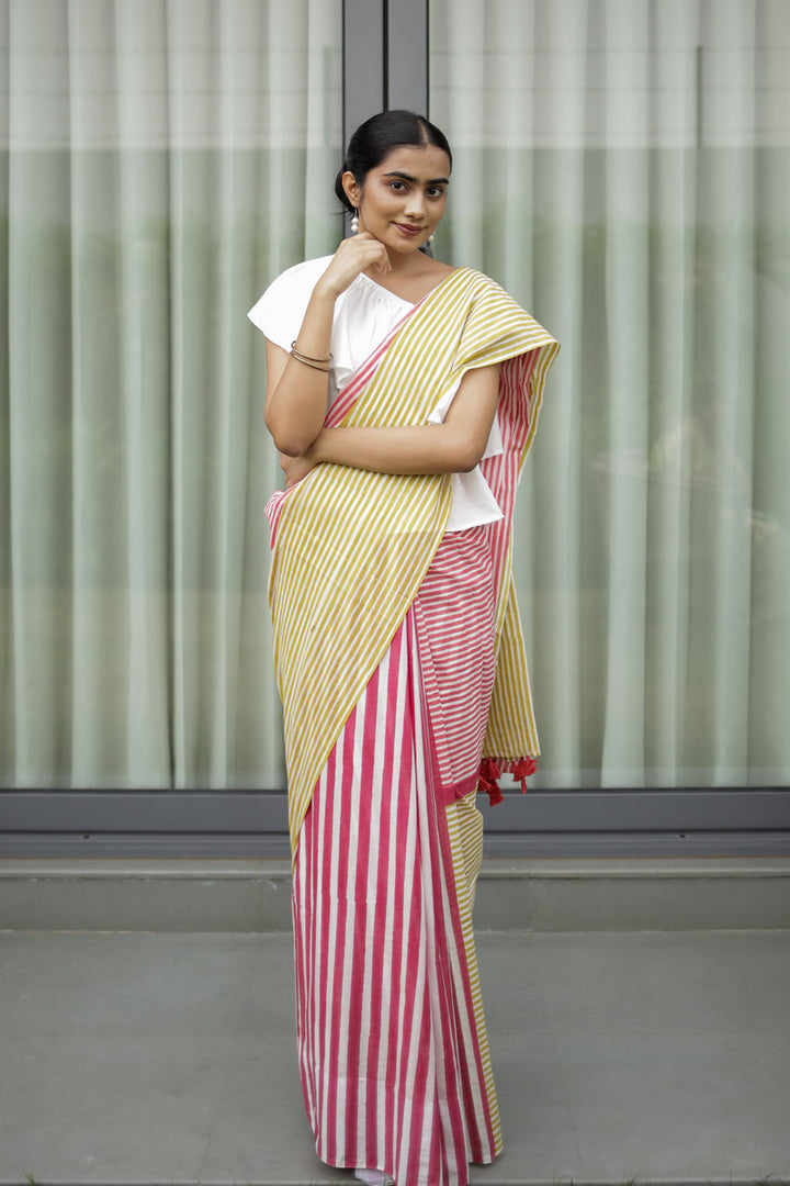 Candy Stripes Hand Block Print Mulmul Cotton Saree