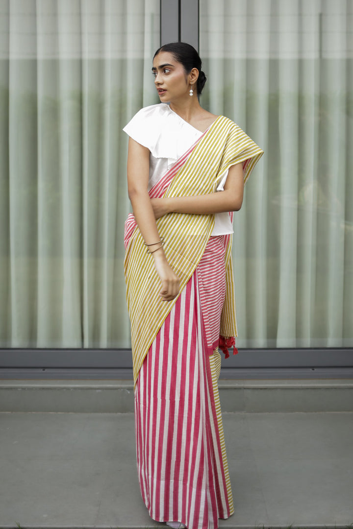 Candy Stripes Hand Block Print Mulmul Cotton Saree