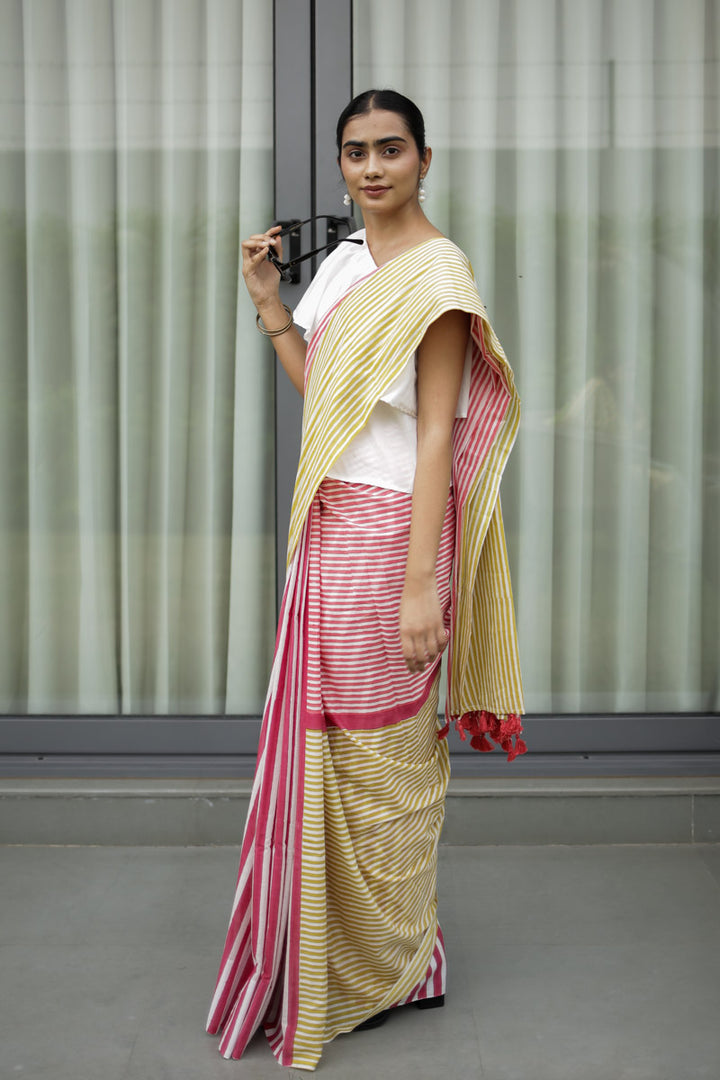 Candy Stripes Hand Block Print Mulmul Cotton Saree