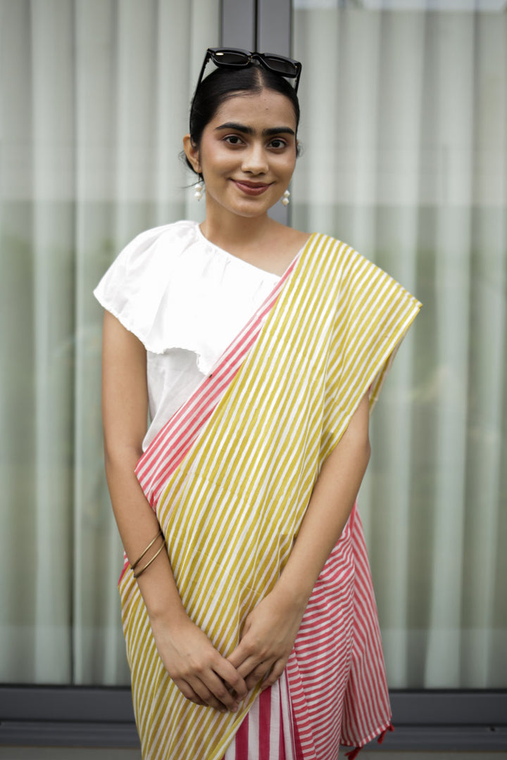 Candy Stripes Hand Block Print Mulmul Cotton Saree