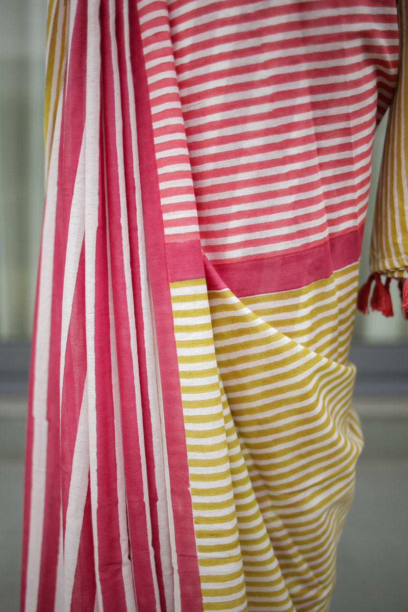 Candy Stripes Hand Block Print Mulmul Cotton Saree