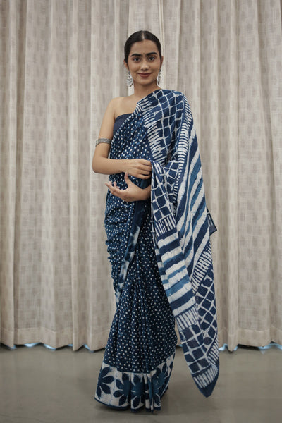 Dot & Bloom Hand Block Print Mulmul Cotton Saree