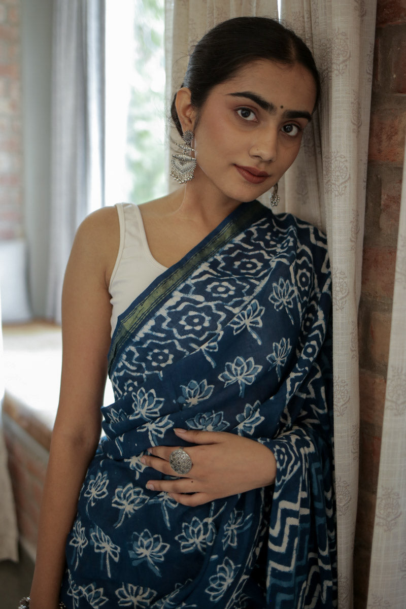 Indigo Petals Hand Block Print Mulmul Cotton Pre-stitched Ready to Wear Saree with Pocket