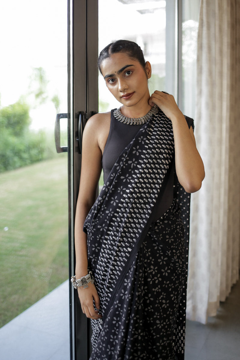 Luna Hand Block Print Mulmul Cotton Pre-stitched Ready to Wear Saree with Pocket