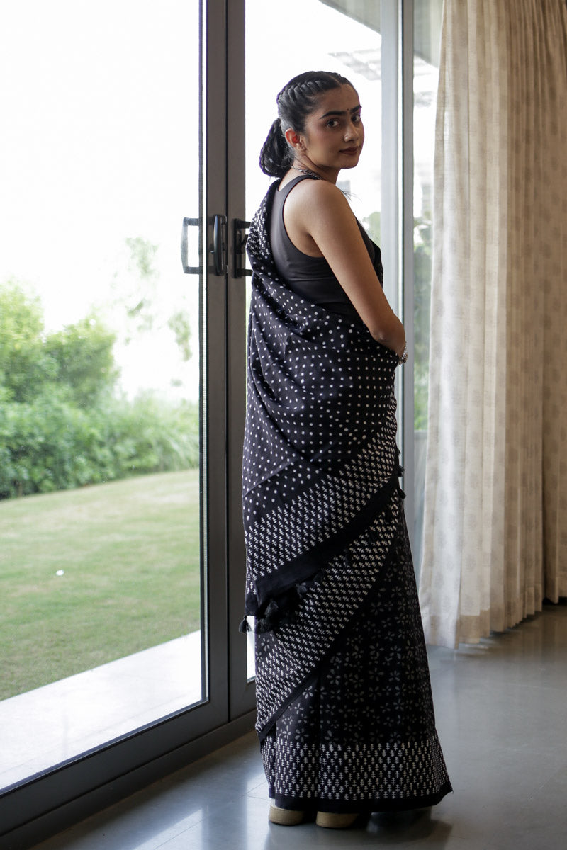 Luna Hand Block Print Mulmul Cotton Pre-stitched Ready to Wear Saree with Pocket