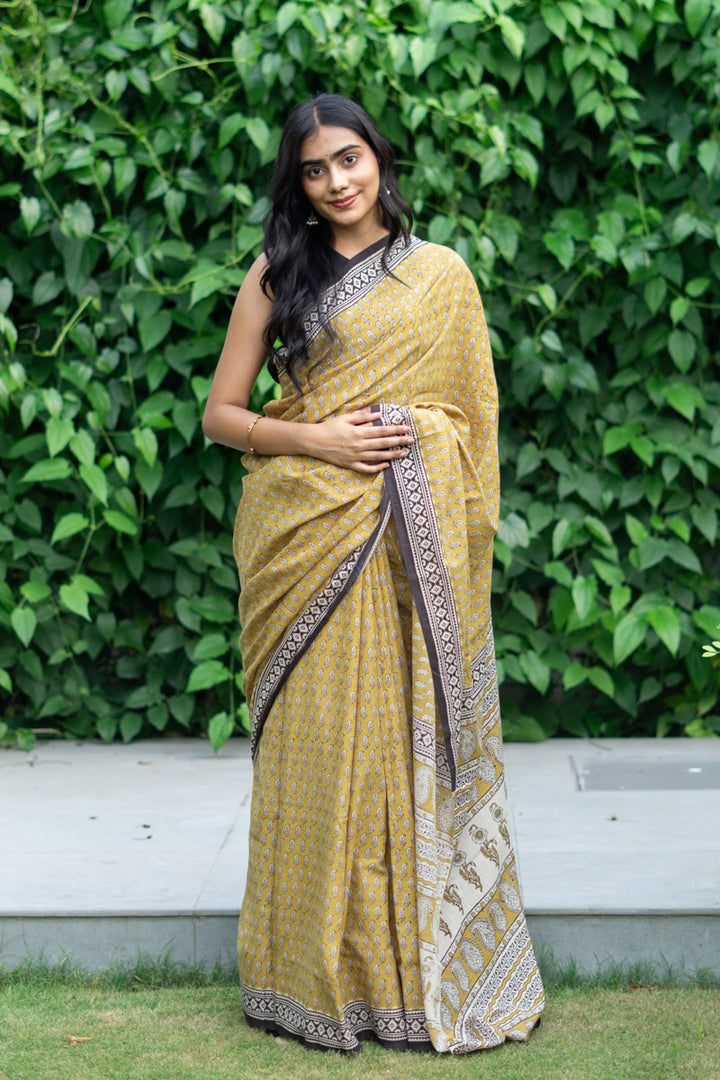 Natural Mustard Hand Block Print Mulmul Cotton Saree