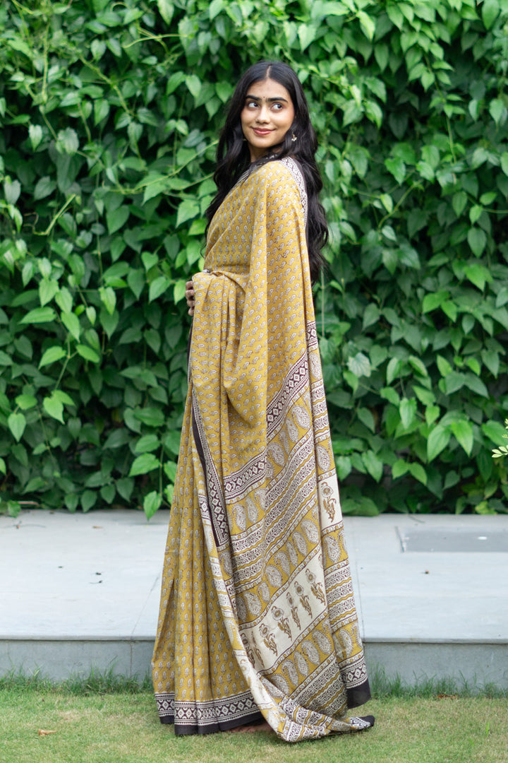 Natural Mustard Hand Block Print Mulmul Cotton Pre-stitched Ready to Wear Saree with Pocket