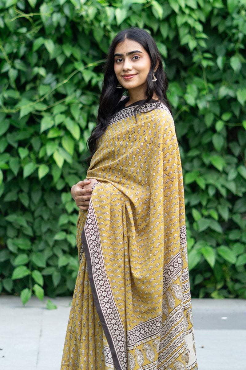 Natural Mustard Hand Block Print Mulmul Cotton Pre-stitched Ready to Wear Saree with Pocket