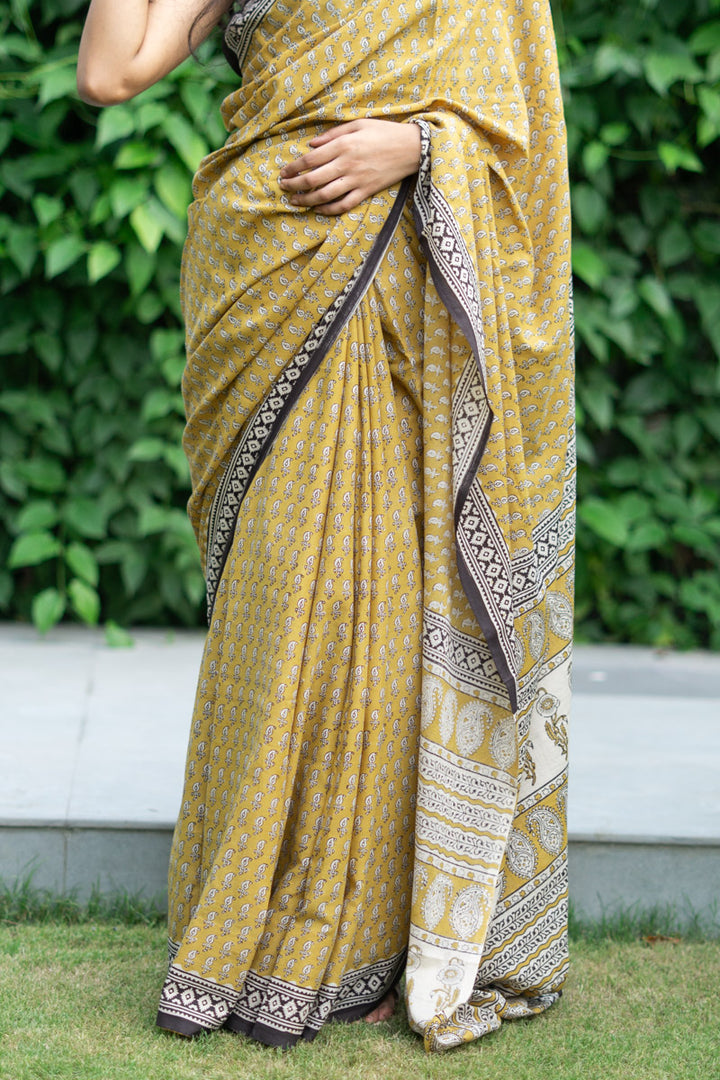 Natural Mustard Hand Block Print Mulmul Cotton Pre-stitched Ready to Wear Saree with Pocket