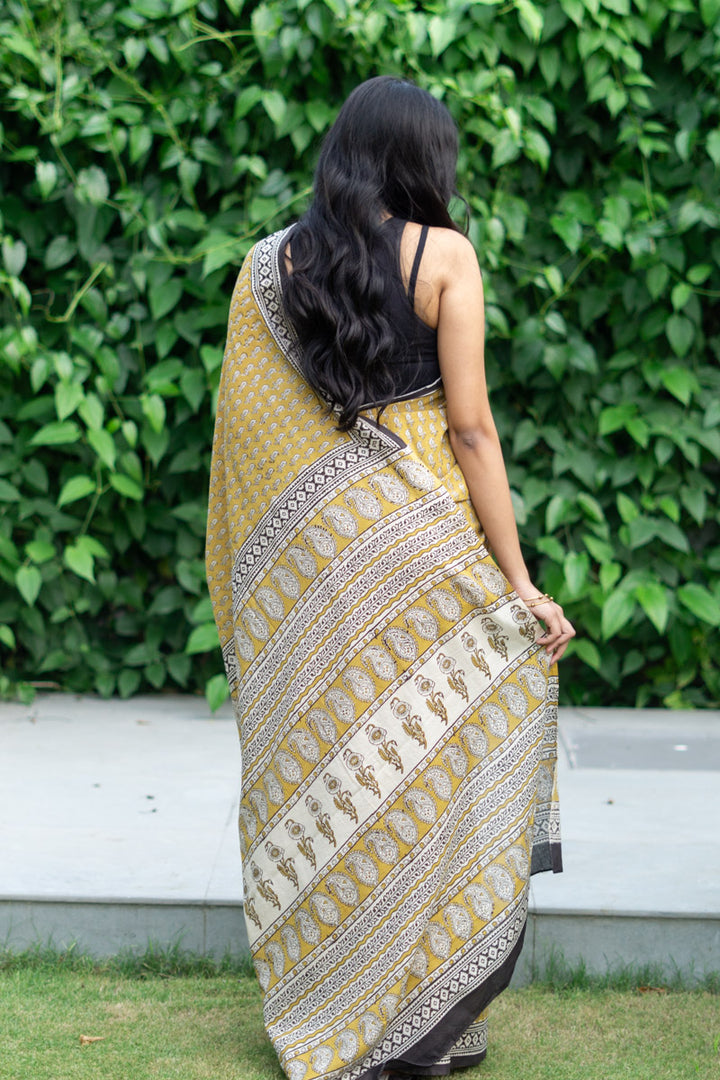 Natural Mustard Hand Block Print Mulmul Cotton Pre-stitched Ready to Wear Saree with Pocket