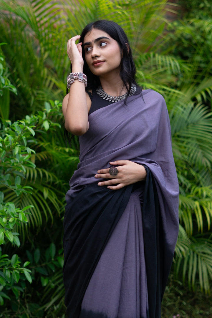 Night Sky Ombre Hand Dyed Mulmul Cotton Pre-stitched Ready to Wear Saree with Pocket