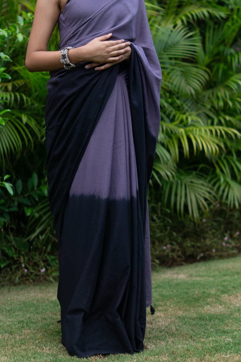Night Sky Ombre Hand Dyed Mulmul Cotton Pre-stitched Ready to Wear Saree with Pocket