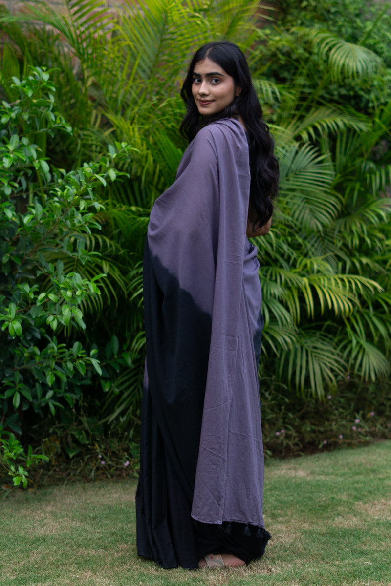 Night Sky Ombre Hand Dyed Mulmul Cotton Pre-stitched Ready to Wear Saree with Pocket