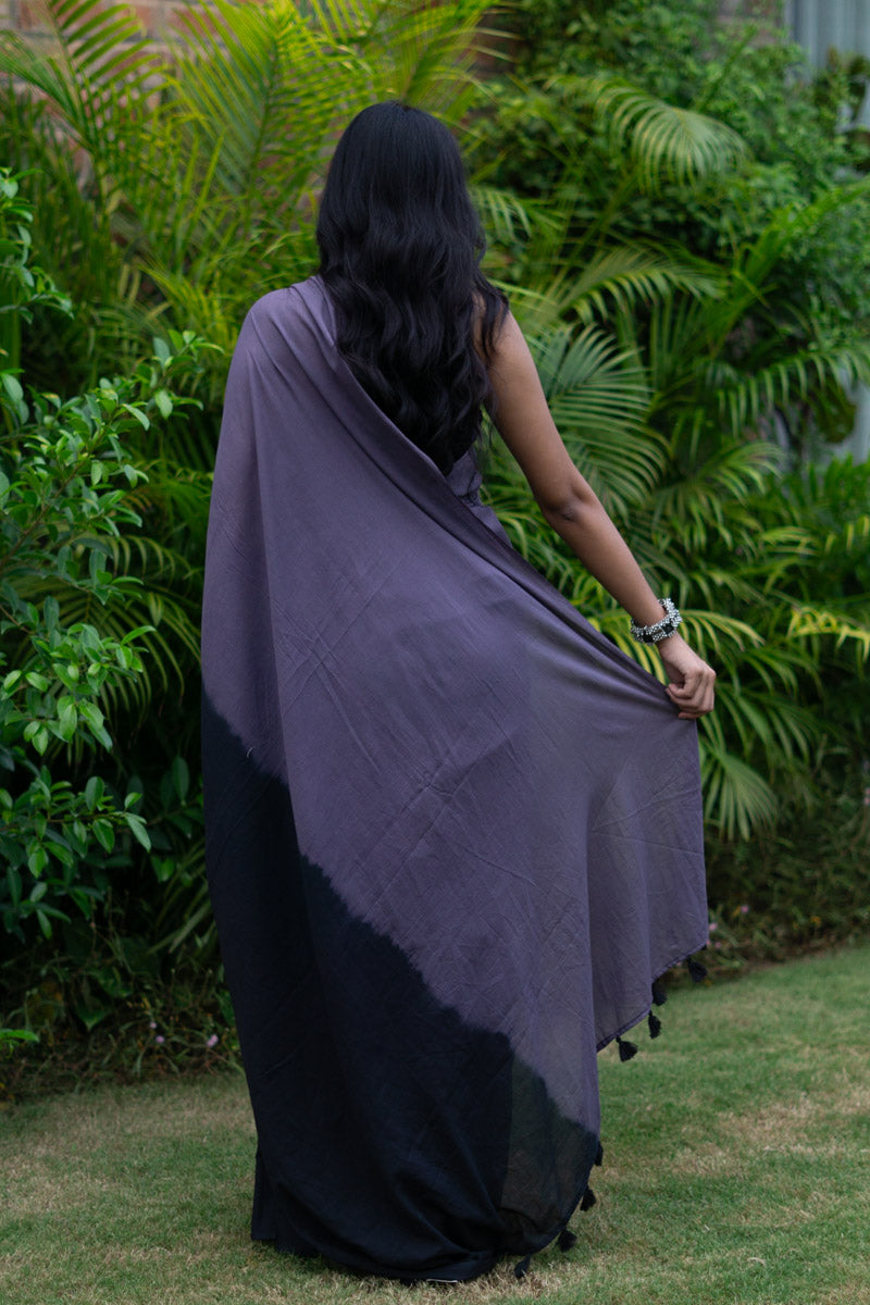 Night Sky Ombre Hand Dyed Mulmul Cotton Pre-stitched Ready to Wear Saree with Pocket