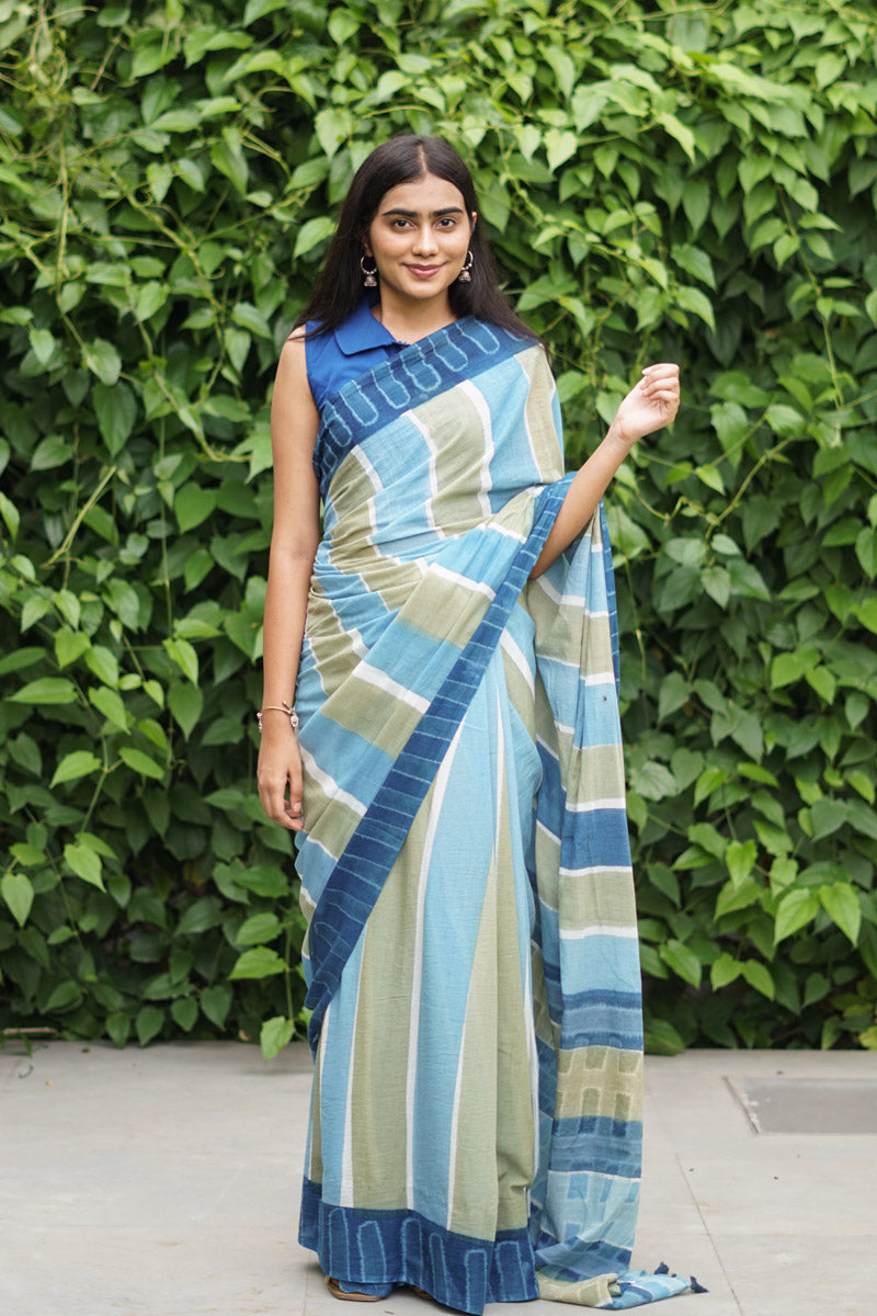 Coastal Lines Hand Dyed Mulmul Cotton Pre-stitched Ready to Wear Saree with Pocket