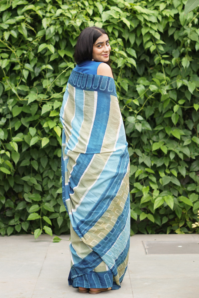 Coastal Lines Hand Dyed Mulmul Cotton Pre-stitched Ready to Wear Saree with Pocket