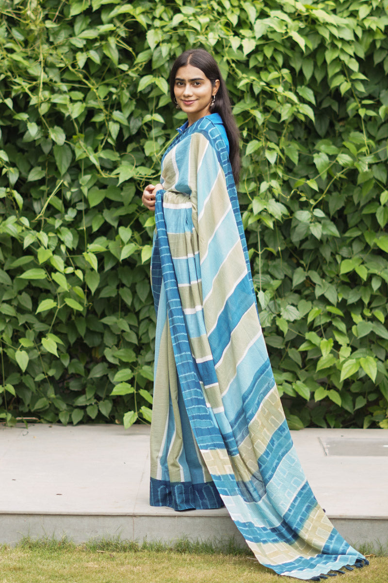 Coastal Lines Hand Dyed Mulmul Cotton Pre-stitched Ready to Wear Saree with Pocket