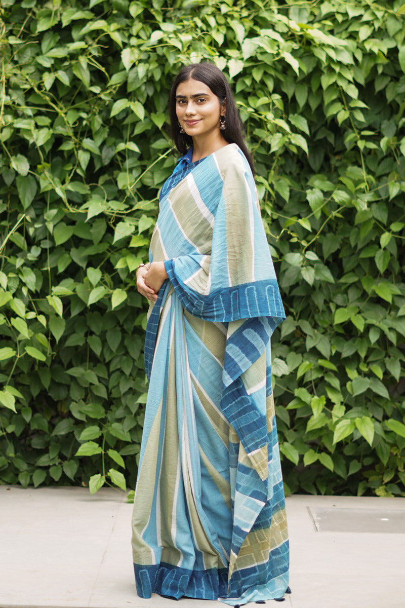 Coastal Lines Hand Dyed Mulmul Cotton Pre-stitched Ready to Wear Saree with Pocket