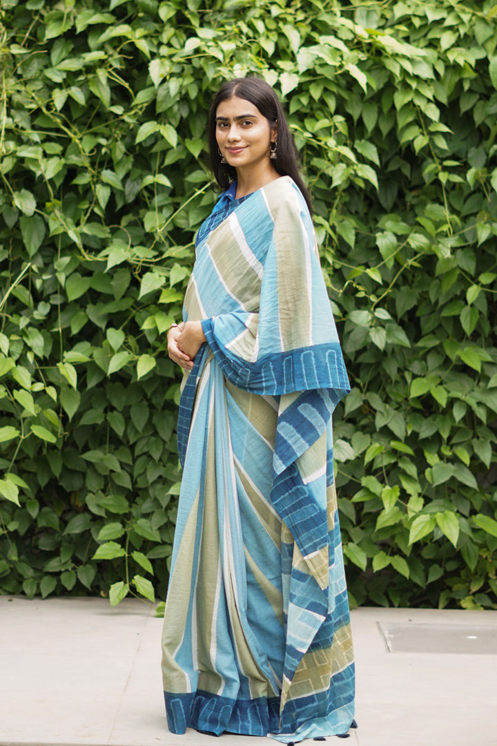 Coastal Lines Hand Dyed Mulmul Cotton Pre-stitched Ready to Wear Saree with Pocket