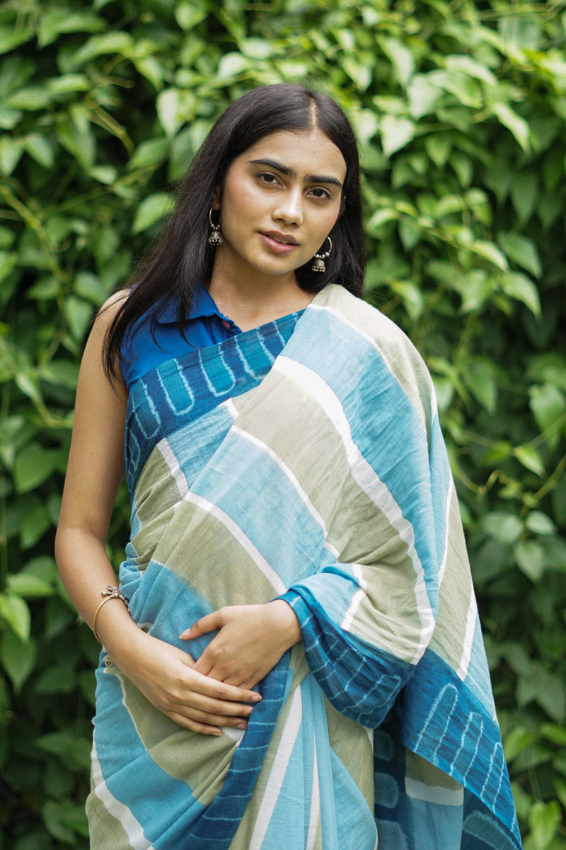 Coastal Lines Hand Dyed Mulmul Cotton Pre-stitched Ready to Wear Saree with Pocket