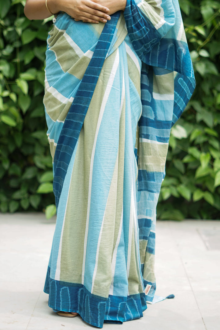 Coastal Lines Hand Dyed Mulmul Cotton Pre-stitched Ready to Wear Saree with Pocket