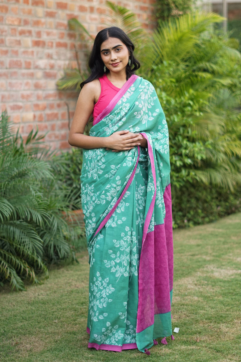 Leafsong in Green Hand block Printed Mulmul Cotton Pre-stitched Ready to Wear Saree with Pocket