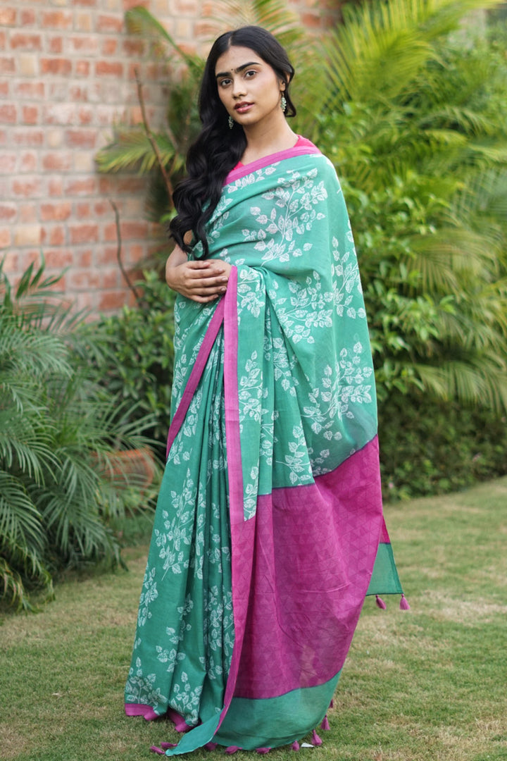 Leafsong in Green Hand block Printed Mulmul Cotton Pre-stitched Ready to Wear Saree with Pocket