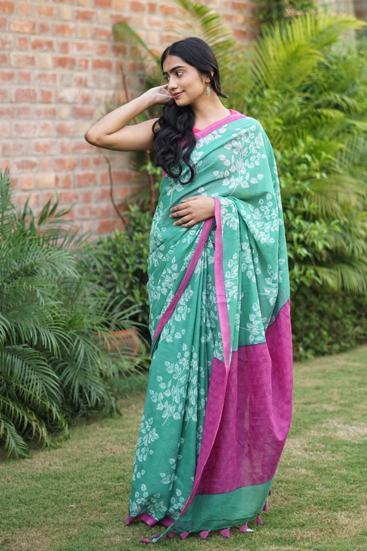 Leafsong in Green Hand block Printed Mulmul Cotton Pre-stitched Ready to Wear Saree with Pocket