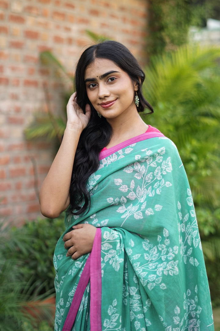 Leafsong in Green Hand block Printed Mulmul Cotton Pre-stitched Ready to Wear Saree with Pocket