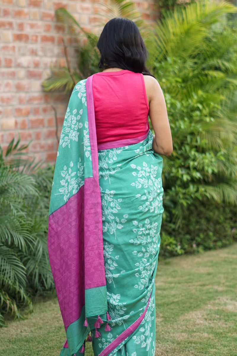 Leafsong in Green Hand block Printed Mulmul Cotton Pre-stitched Ready to Wear Saree with Pocket